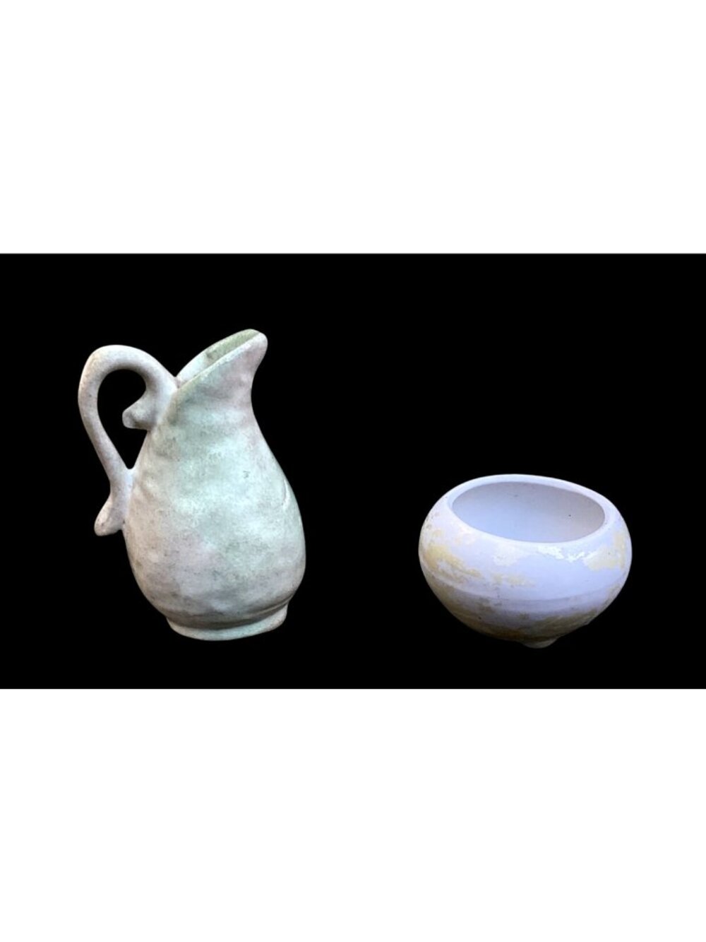 1930s Niloak Mini Pitcher in Green and Cream + Beige Ceramic Mini Console Bowl
